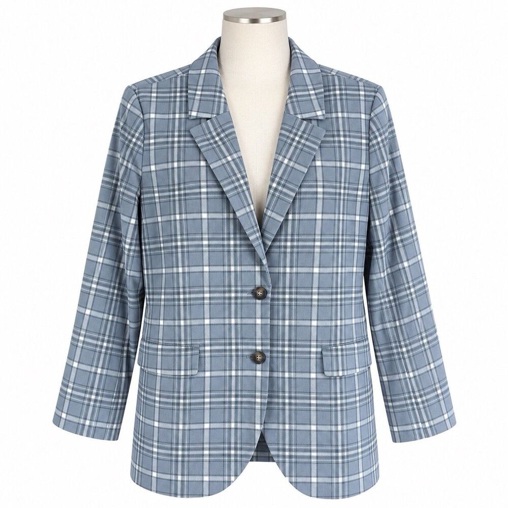 Treasure & Bond NWT Women’s Plaid Blazer Size M Blue Gray Two Button